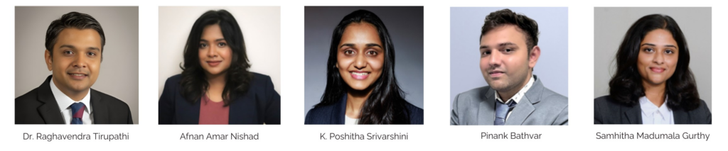 A lineup of five professionally dressed individuals, each posed for a headshot against plain backgrounds, with their names listed below: Dr. Raghavendra Tirupathi, Afnan Amar Nikshal, K. Poshitha Sivarshini, Pinak Bathia, and Samhitha Madumala Gurthy.