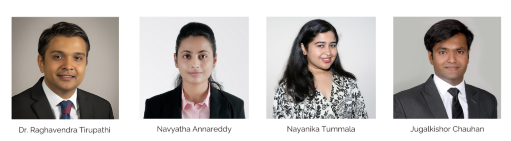 Four people in professional attire are shown in individual headshots against plain backgrounds. Their names, from left to right, are Dr. Raghavendra Tirupathi, Navyatha Annareddy, Nayanka Tummala, and Jugalkishor Chauhan.