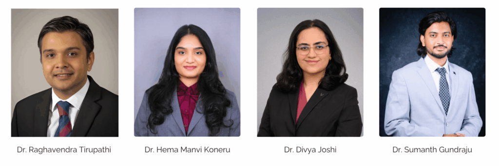 Four professional headshots of individuals in business attire. From left to right: a man in a suit and tie, a woman with long dark hair, a woman with shoulder-length hair and glasses, and a man in a light suit.